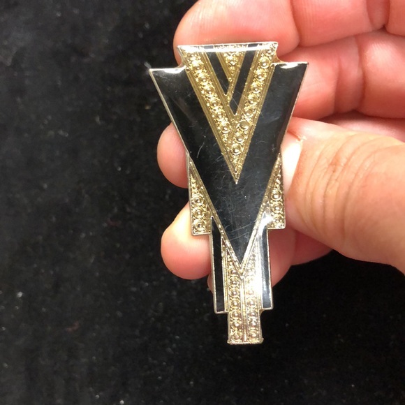 Retro Deco Style Black Enamel Rhinestone Brooches (2) - Picture 5 of 14